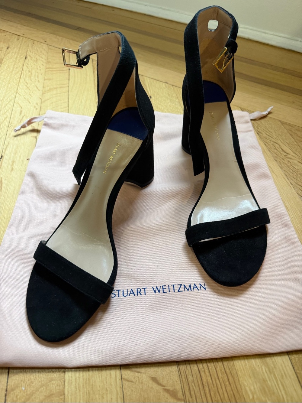 Stuart Weitzman Black Suede Ankle-Strap Block Heels